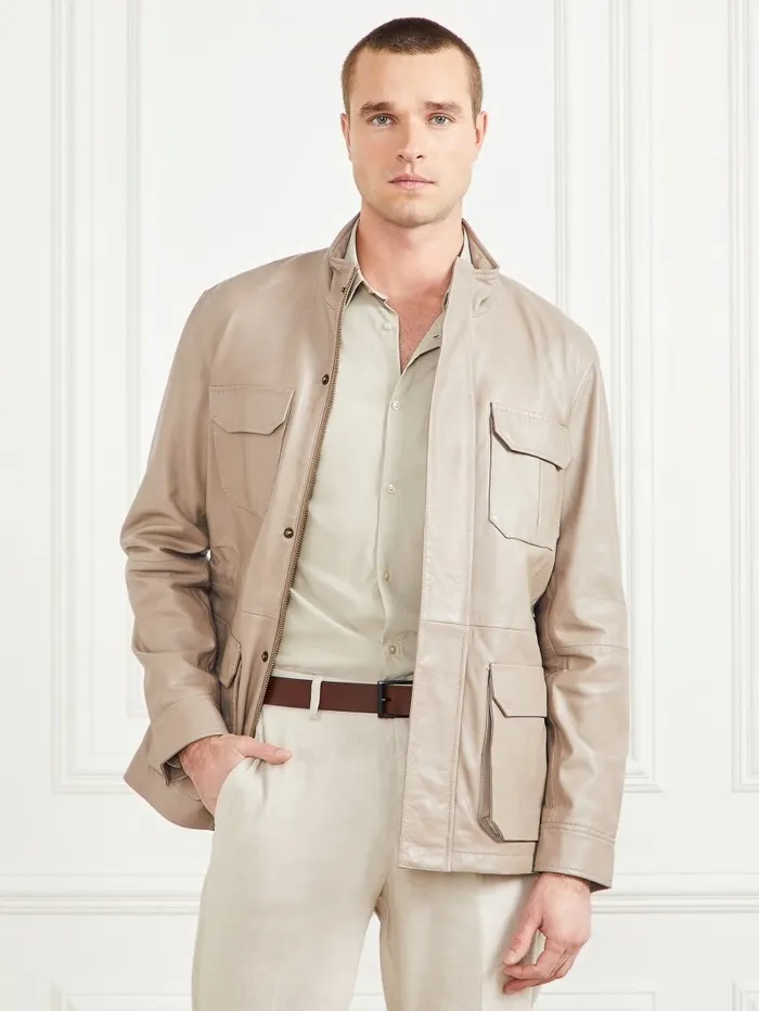 Leather Field Jacket Pasadena Stone Men Jackets and Coats GUESS
