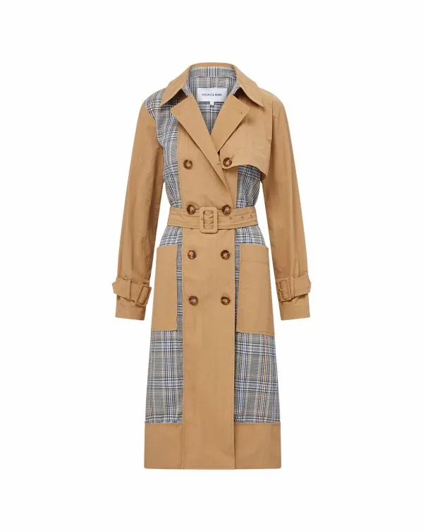Liam Patchwork Trench Coat Khakiandblack Women Veronica Beard Jackets and Outerwear