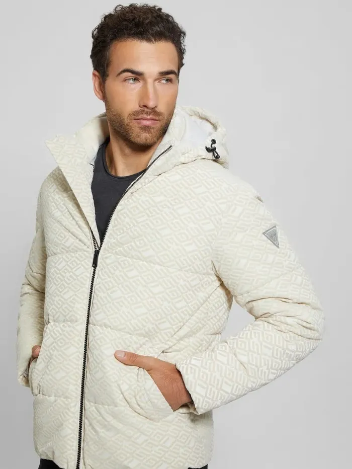 Logo Hooded Puffer Jacket Muted Stone Flock Guess Jackets and Coats GUESS Men