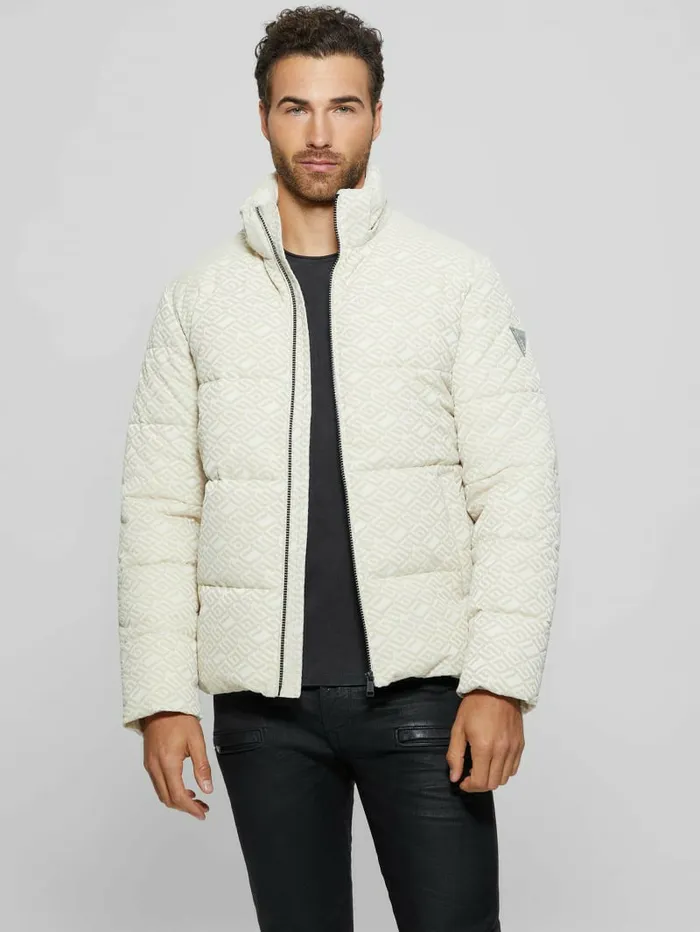 Logo Hooded Puffer Jacket Muted Stone Flock Guess Jackets and Coats GUESS Men Logo Hooded Puffer Jacket Muted Stone Flock Guess Jackets and Coats GUESS Men
