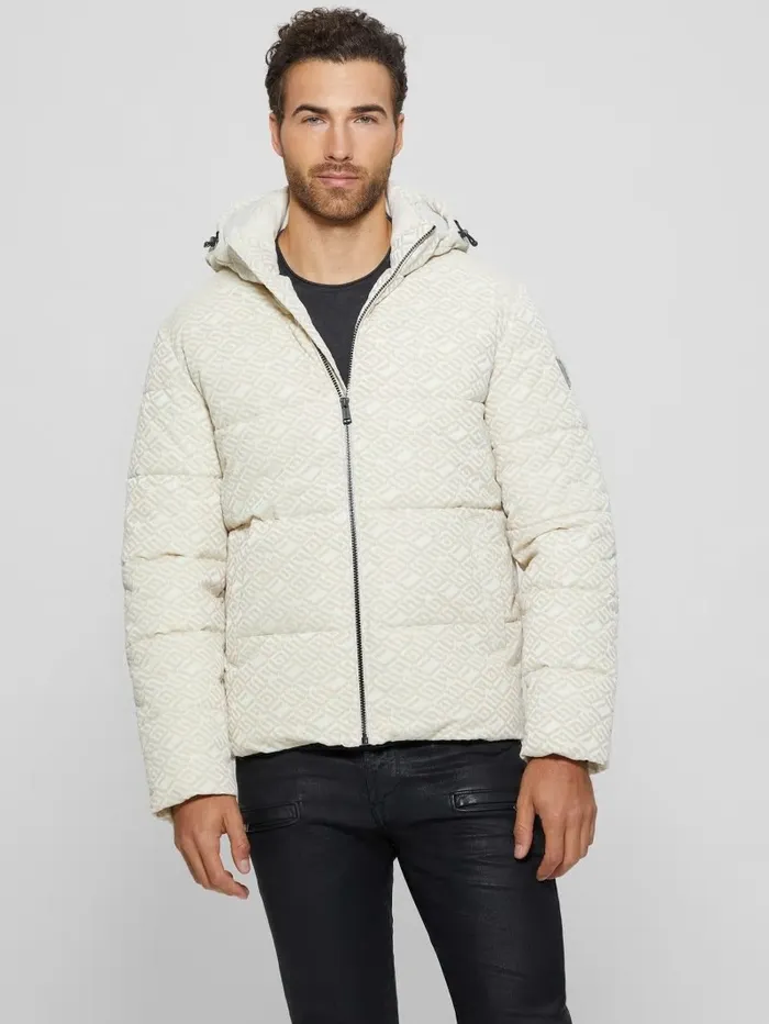 Logo Hooded Puffer Jacket Muted Stone Flock Guess Jackets and Coats GUESS Men Logo Hooded Puffer Jacket Muted Stone Flock Guess Jackets and Coats GUESS Men