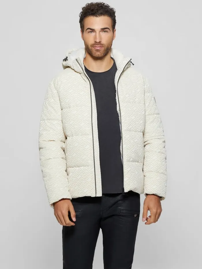 Logo Hooded Puffer Jacket Muted Stone Flock Guess Jackets and Coats GUESS Men Logo Hooded Puffer Jacket Muted Stone Flock Guess Jackets and Coats GUESS Men