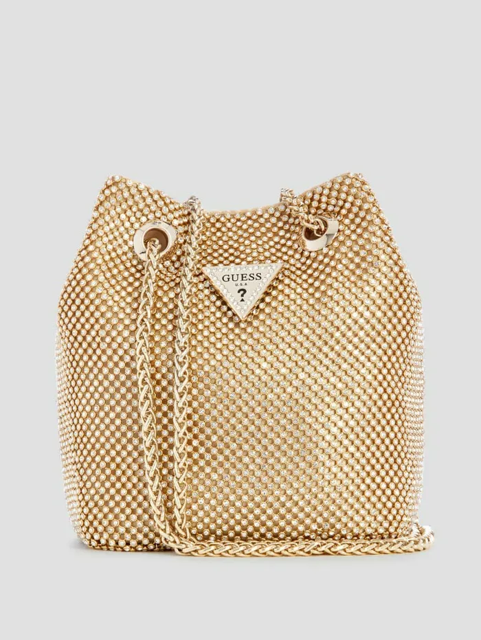 Lua Rhinestone Mesh Mini Pouch Bag Gold Women Handbags GUESS