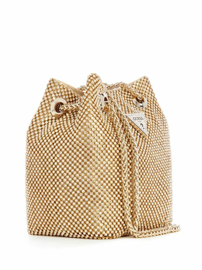 Lua Rhinestone Mesh Mini Pouch Bag Gold Women Handbags GUESS