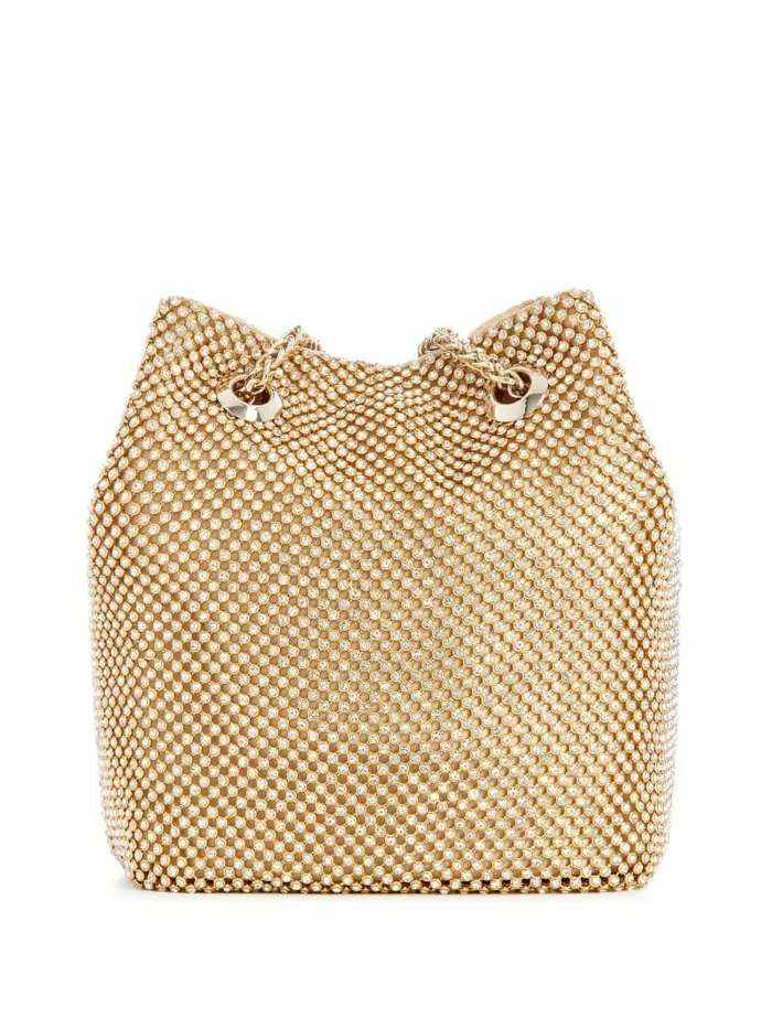 Lua Rhinestone Mesh Mini Pouch Bag Gold Women Handbags GUESS