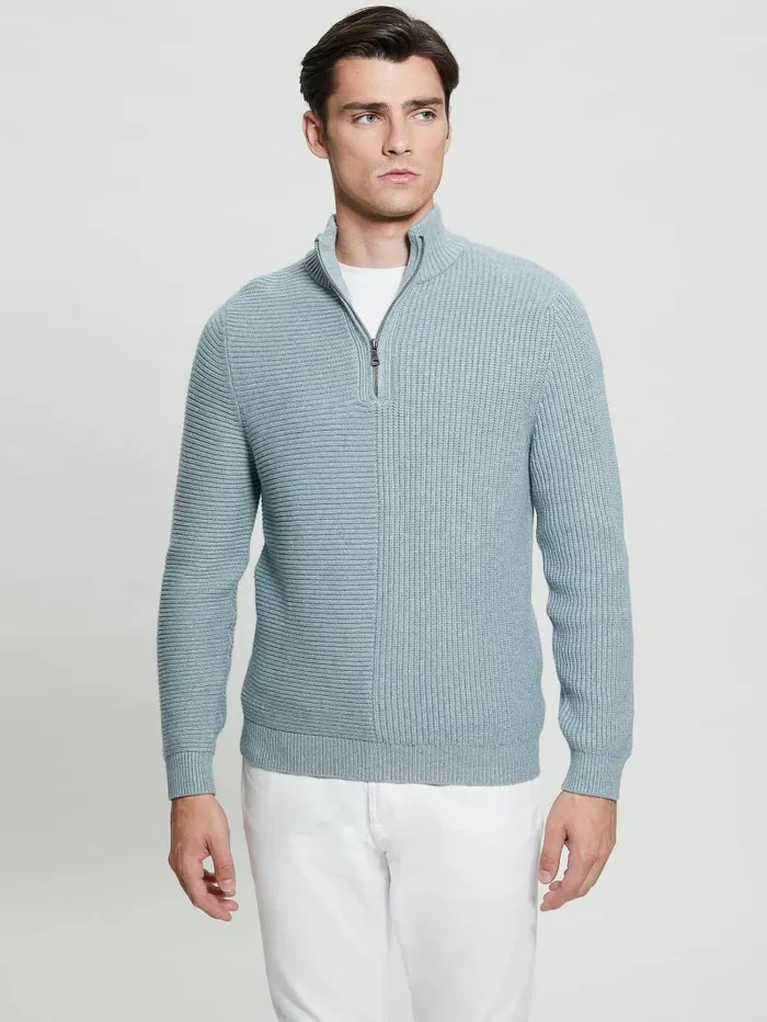 Men Eco Mock Neck Sweater Pale Sky Heather Multi Hoodies and Sweaters GUESS