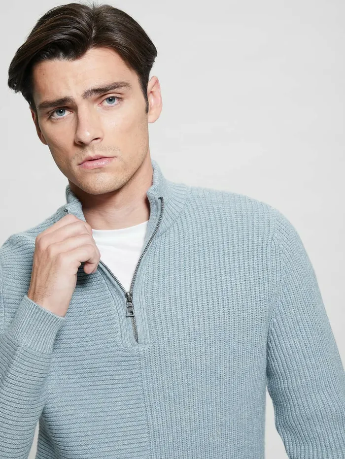Men Eco Mock Neck Sweater Pale Sky Heather Multi Hoodies and Sweaters GUESS
