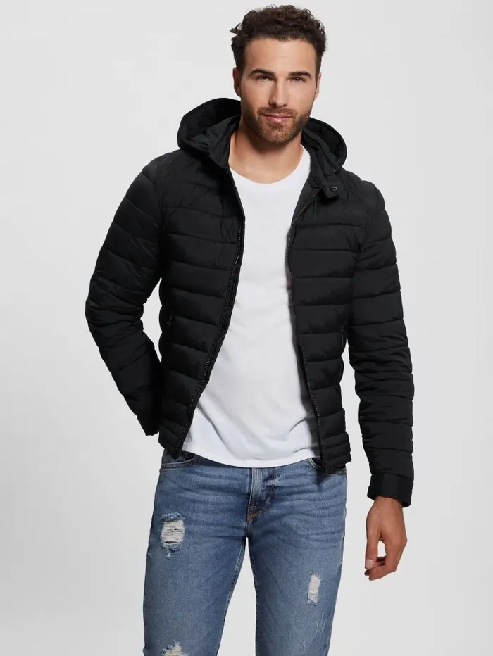 Men GUESS Eco TechStretch Hooded Jacket Black Jackets and Coats