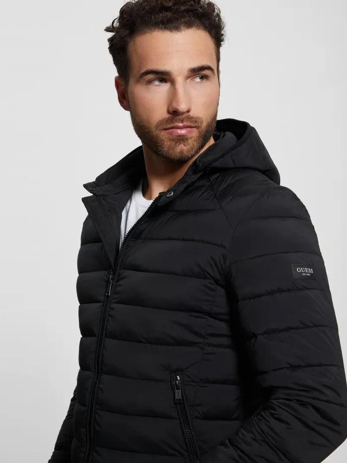 Men GUESS Eco TechStretch Hooded Jacket Black Jackets and Coats
