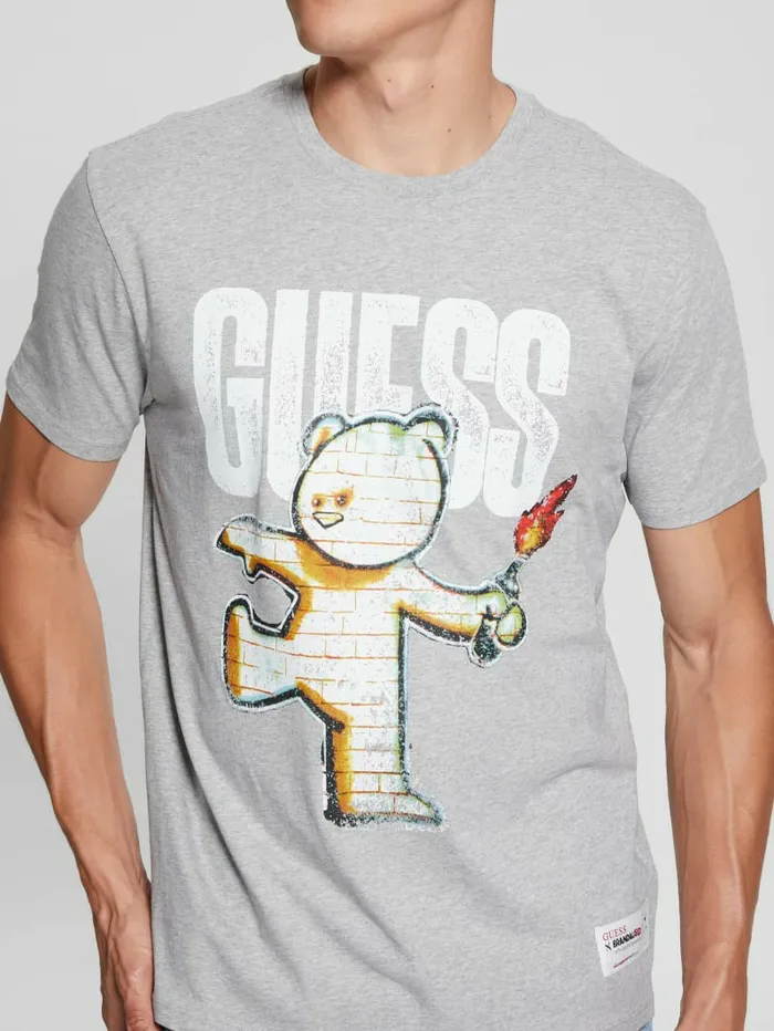 Men GUESS Teddy Bear Graphic Tee Light Heather Grey TShirts and Tanks