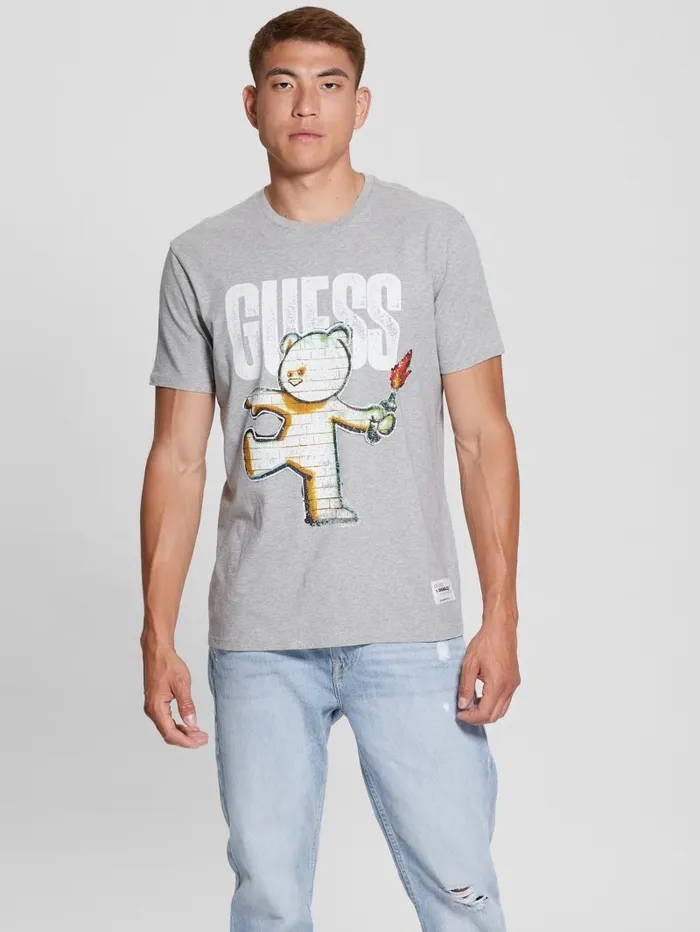 Men GUESS Teddy Bear Graphic Tee Light Heather Grey TShirts and Tanks