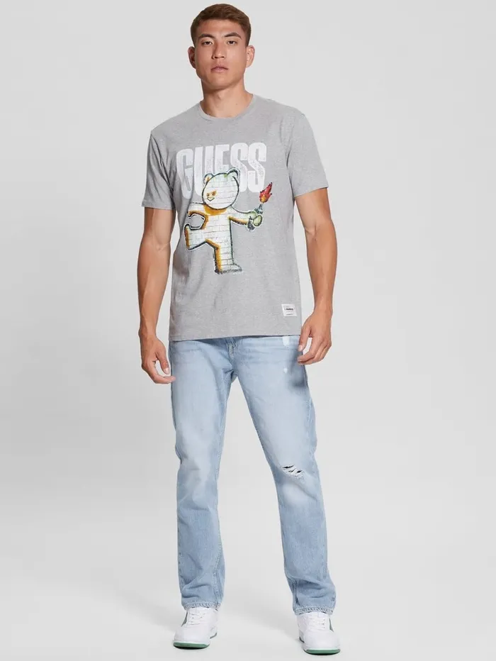 Men GUESS Teddy Bear Graphic Tee Light Heather Grey TShirts and Tanks