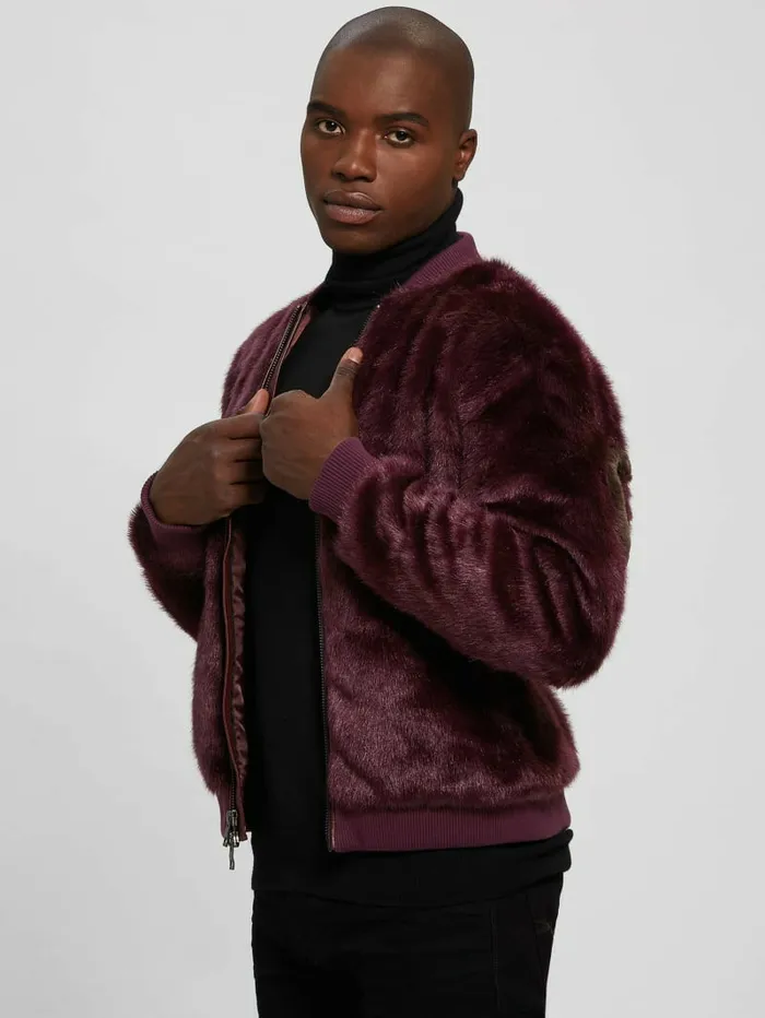 Men Jackets and Coats GUESS FauxFur Logo Flight Jacket Regal Plum