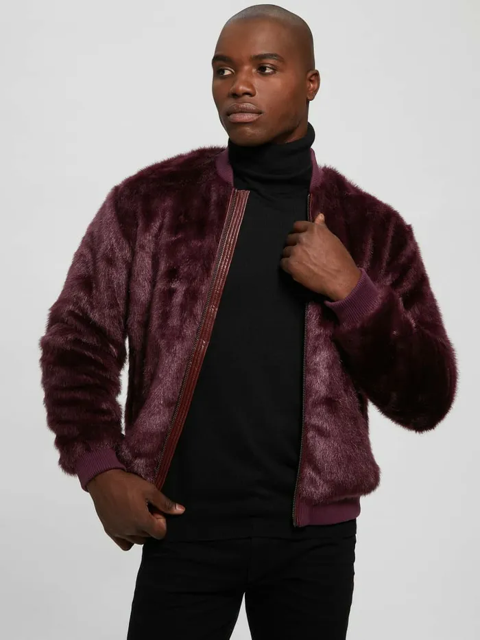 Men Jackets and Coats GUESS FauxFur Logo Flight Jacket Regal Plum