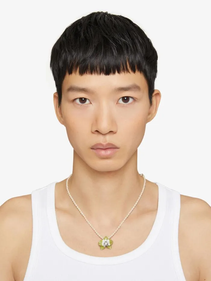 Men Jewelry Givenchy Flower Necklace In Metal Enamel Crystal And Macrame Lime