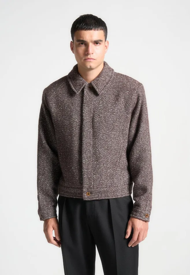 Men Manire De Voir Boxy Herringbone Wool Blend Jacket Brown