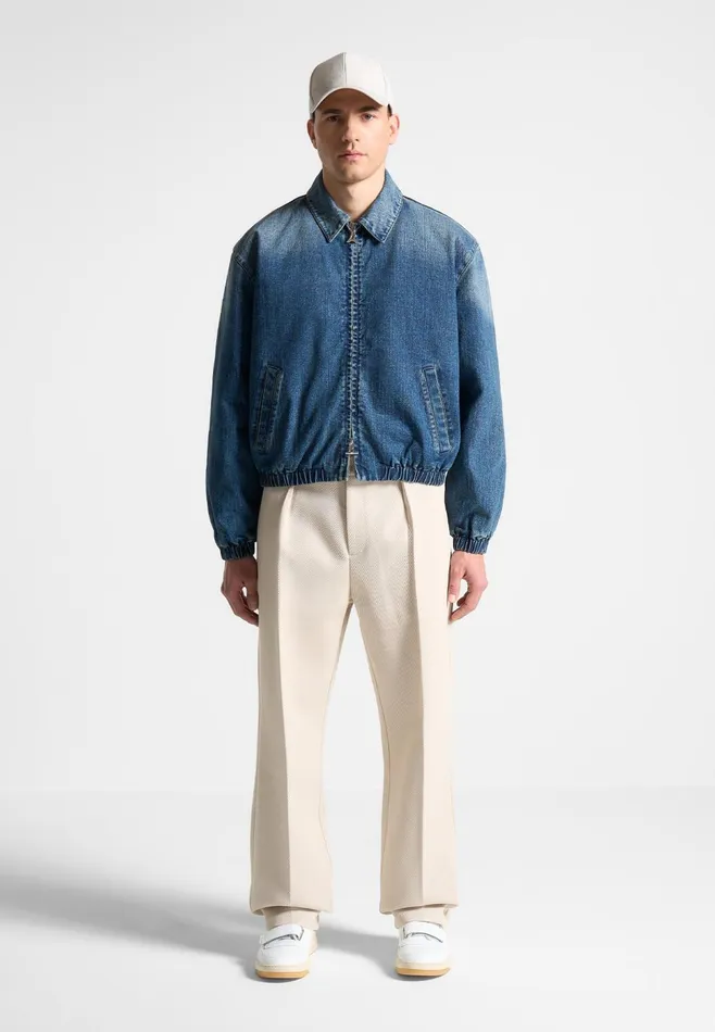 Men Manire De Voir Denim Padded Cropped Bomber Jacket Mid Blue