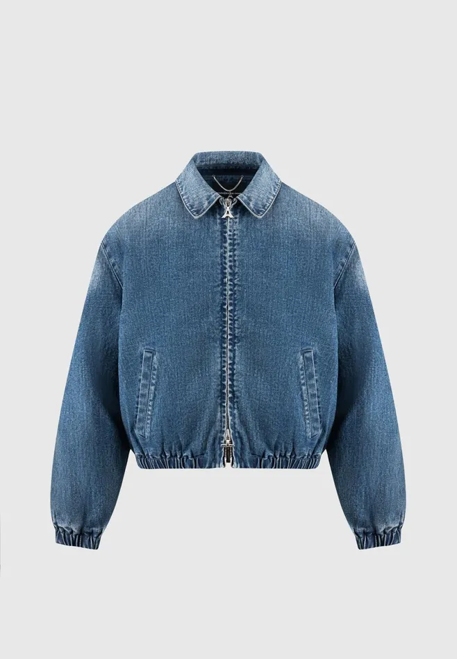 Men Manire De Voir Denim Padded Cropped Bomber Jacket Mid Blue