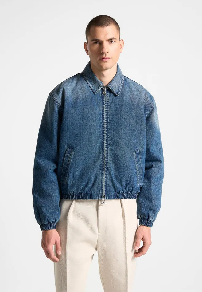 Men Manire De Voir Denim Padded Cropped Bomber Jacket Mid Blue