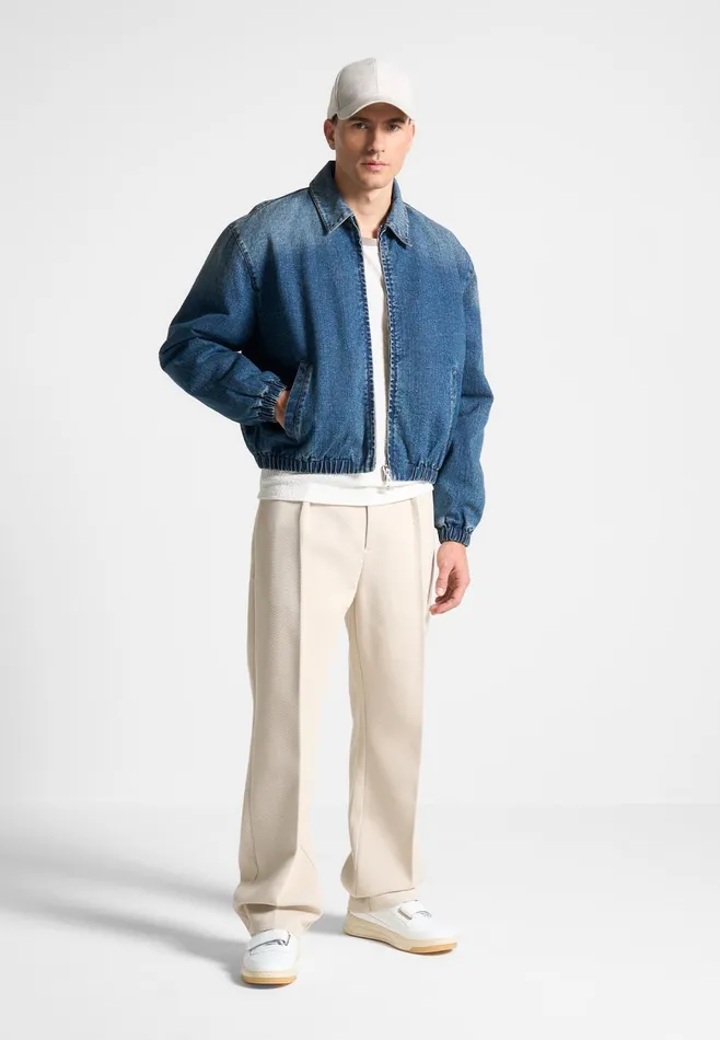 Men Manire De Voir Denim Padded Cropped Bomber Jacket Mid Blue