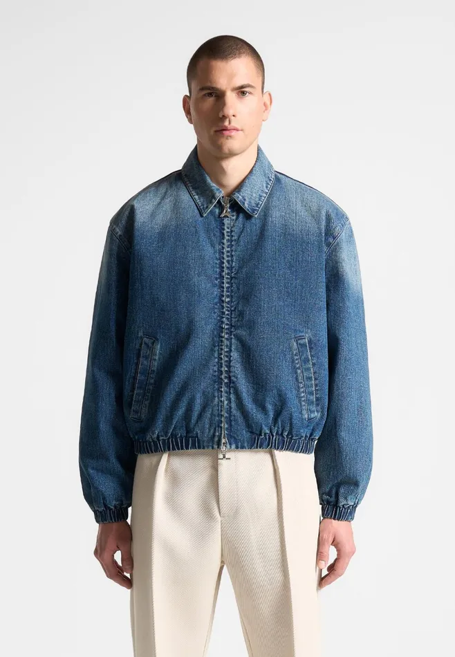 Men Manire De Voir Denim Padded Cropped Bomber Jacket Mid Blue