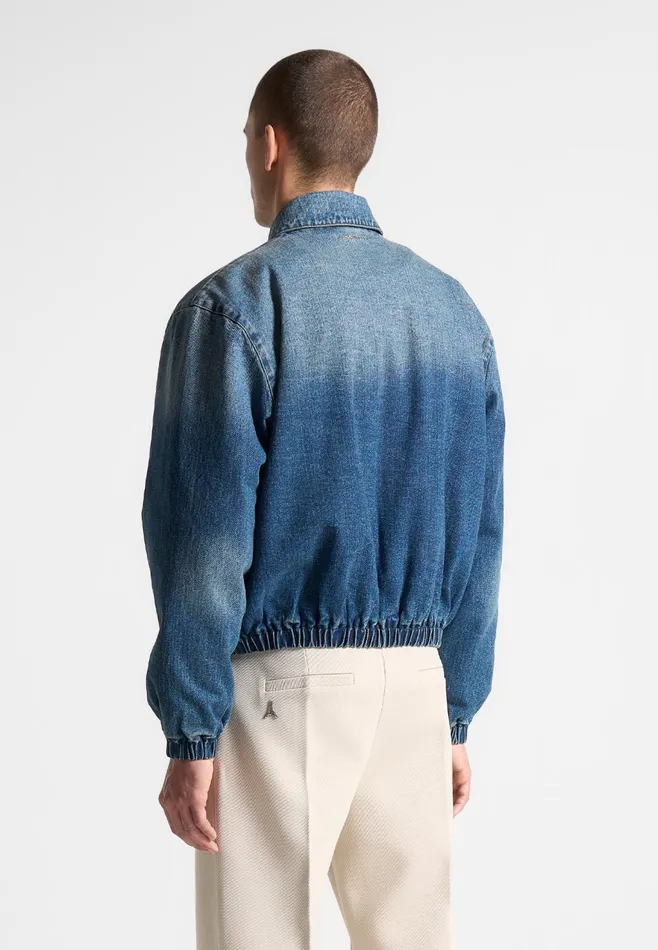 Men Manire De Voir Denim Padded Cropped Bomber Jacket Mid Blue