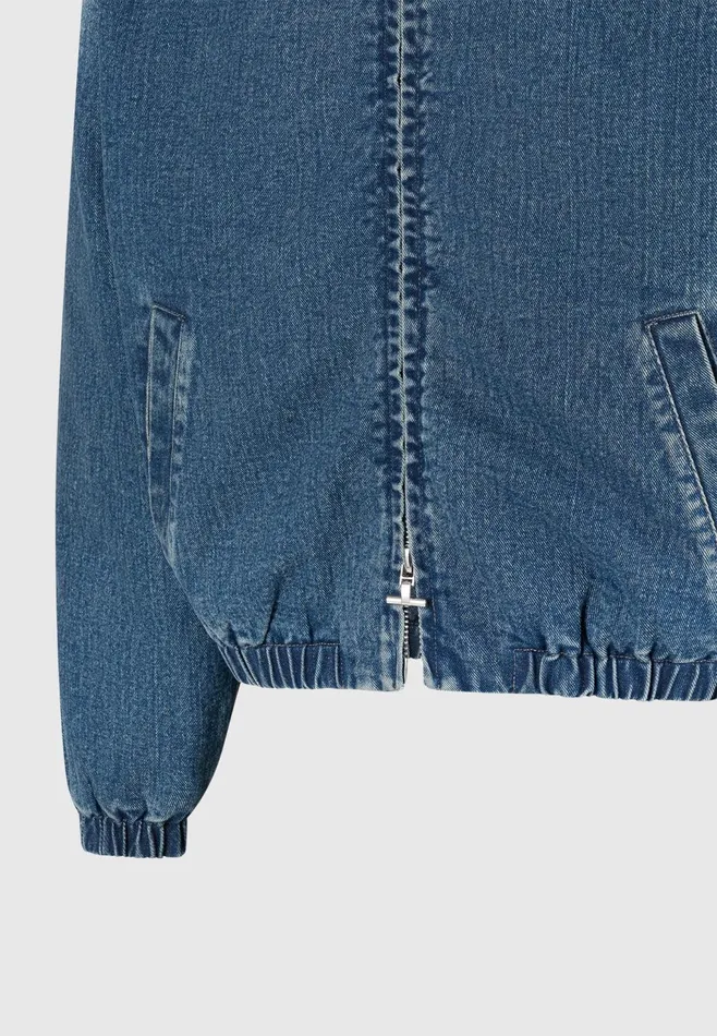 Men Manire De Voir Denim Padded Cropped Bomber Jacket Mid Blue