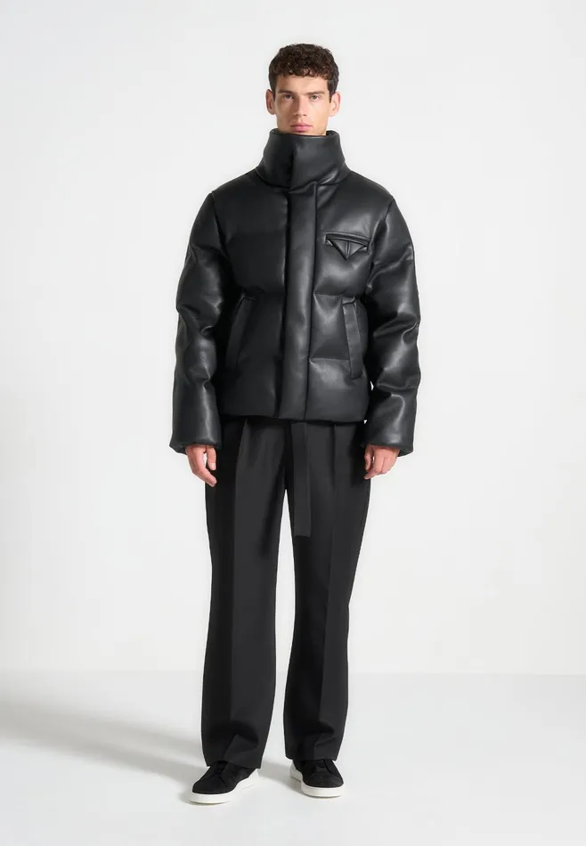 Men Manire De Voir Leather Puffer Jacket Black