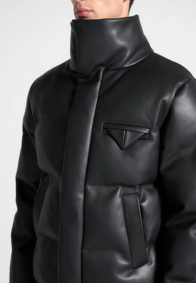 Men Manire De Voir Leather Puffer Jacket Black