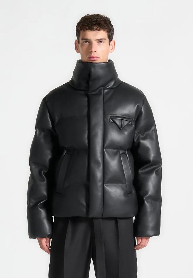 Men Manire De Voir Leather Puffer Jacket Black