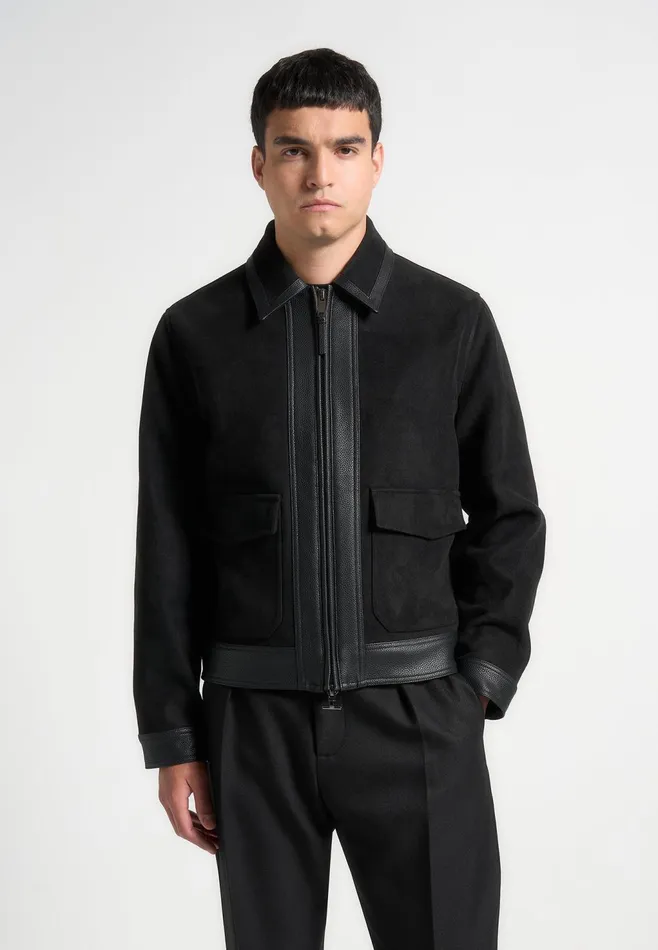 Men Manire De Voir Suede and Pebbled Leather Jacket Black