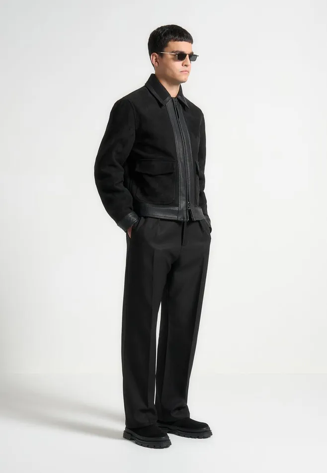 Men Manire De Voir Suede and Pebbled Leather Jacket Black