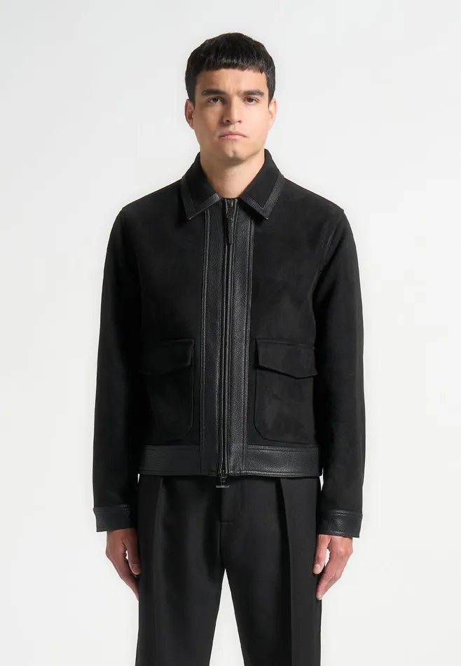 Men Manire De Voir Suede and Pebbled Leather Jacket Black