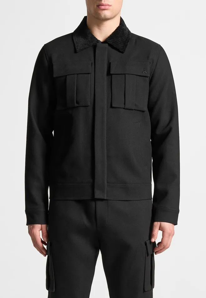 Men Manire De Voir Twill Trucker Jacket With Velvet Collar Black