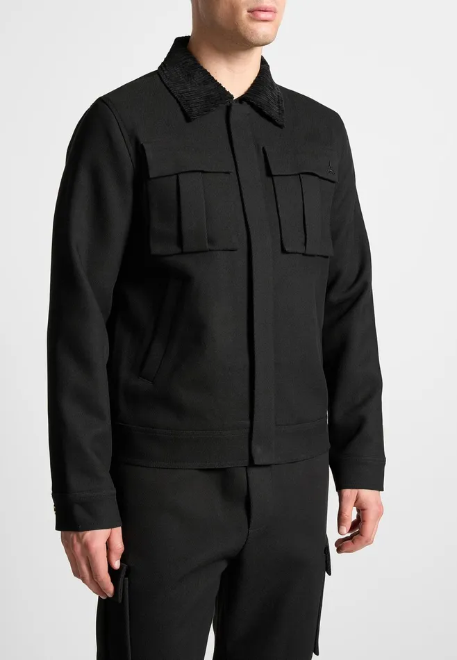 Men Manire De Voir Twill Trucker Jacket With Velvet Collar Black