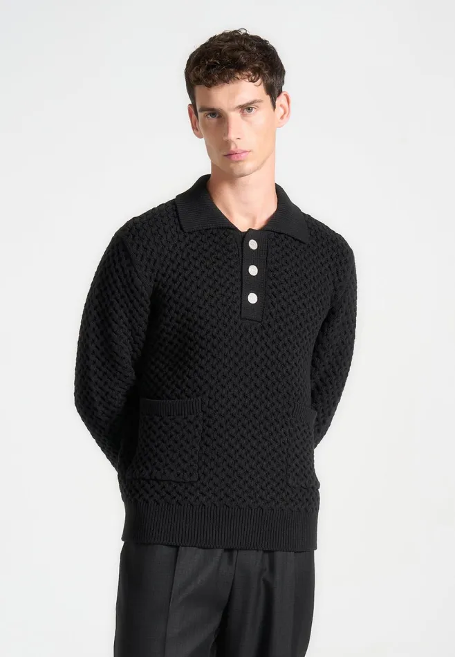 Men Manire De Voir Waffle Knit Polo Jumper Black