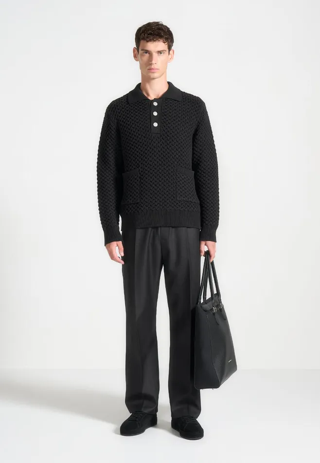 Men Manire De Voir Waffle Knit Polo Jumper Black