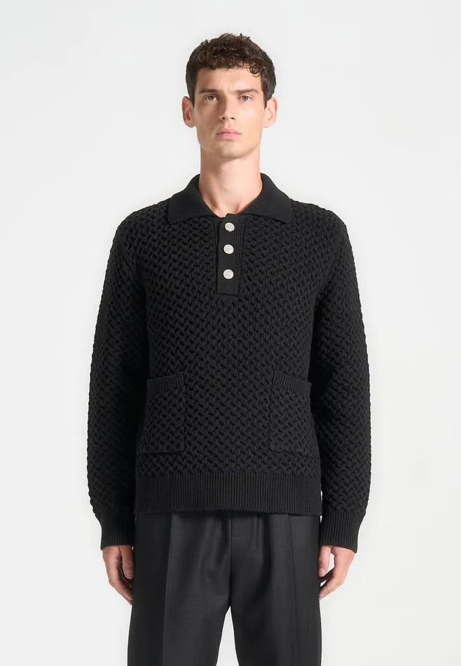 Men Manire De Voir Waffle Knit Polo Jumper Black