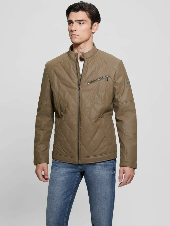 Men Quilted Biker Jacket Walnut Shell Jackets and Coats GUESS