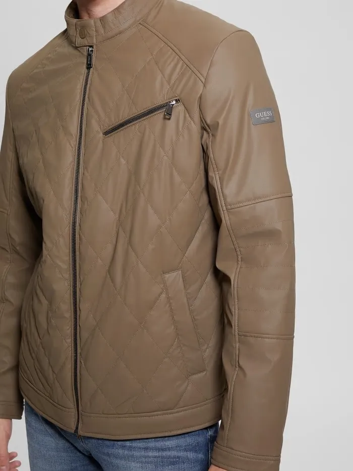 Men Quilted Biker Jacket Walnut Shell Jackets and Coats GUESS