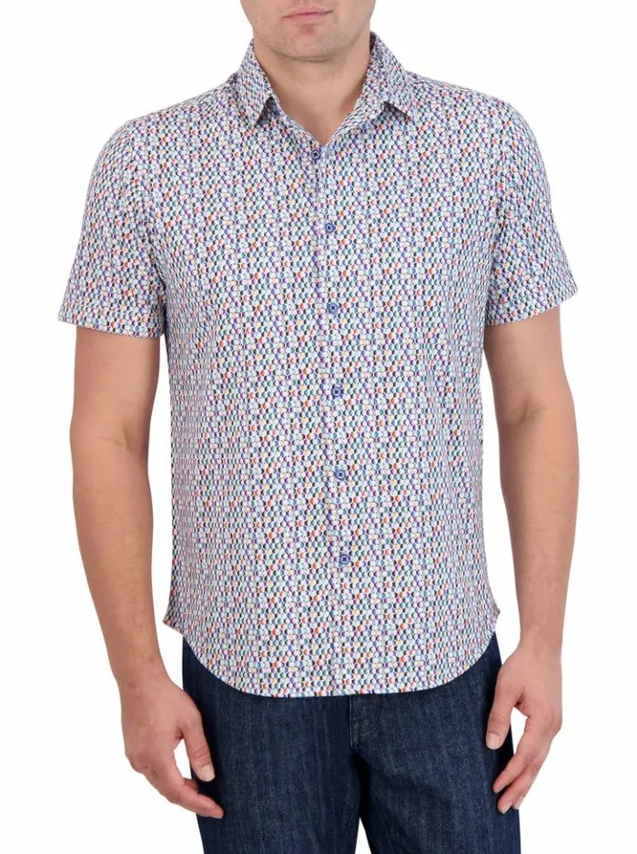 Men Robert Graham Button Down Shirts Flamenco Motion Short Sleeve Knit Shirt Multi