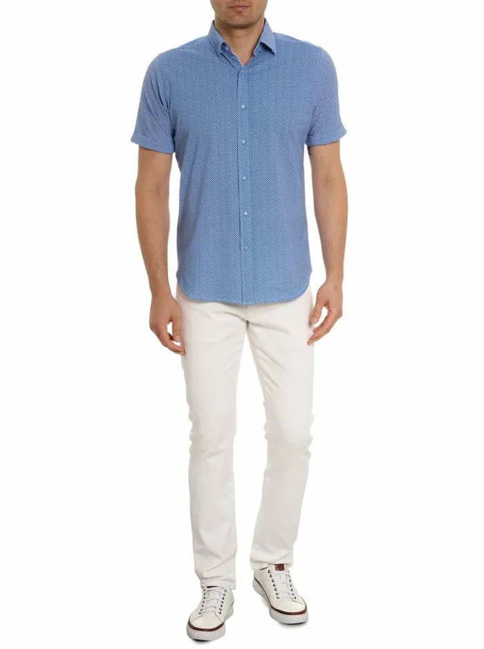Men Robert Graham Button Down Shirts Shuler Motion Short Sleeve Knit Shirt Blue
