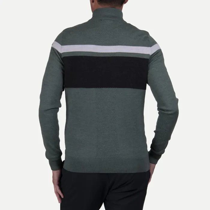 Men Stripe Sweater HalfZip 8211 Merino Wool Midlayer Green Smoke KJUS Midlayers and Sweaters