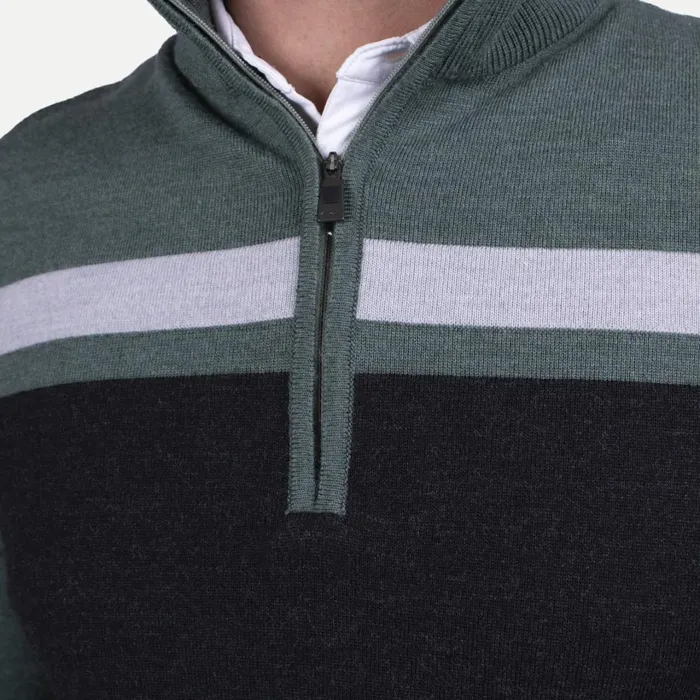Men Stripe Sweater HalfZip 8211 Merino Wool Midlayer Green Smoke KJUS Midlayers and Sweaters