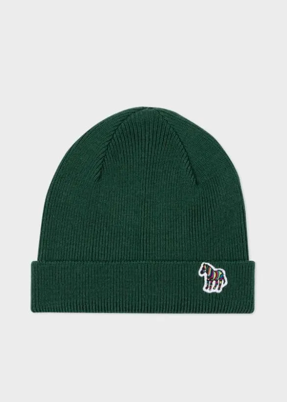 Paul Smith Hats and Gloves Wool Zebra Logo Beanie Hat Green 8211 Mens