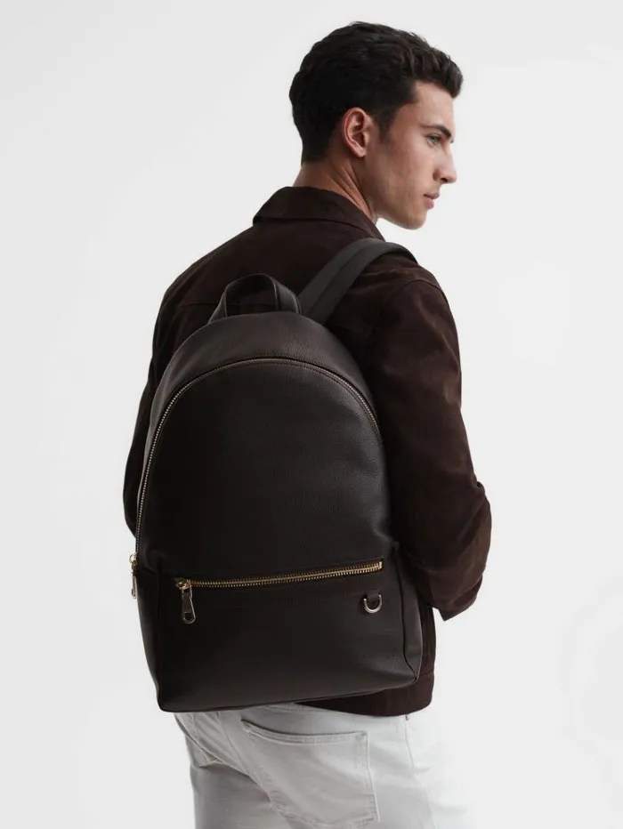 REISS Bags Men Leather Zipped Backpack Dark Brown