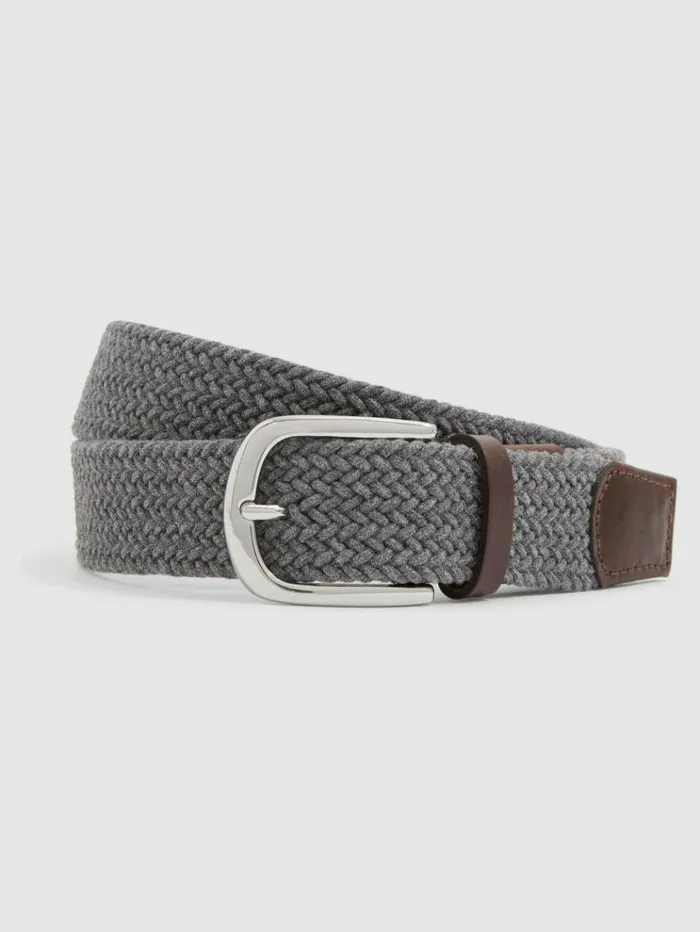 REISS Belts Men Leather Tipped Woven Belt Grey Melange