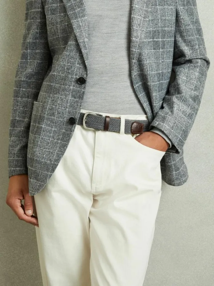 REISS Belts Men Leather Tipped Woven Belt Grey Melange