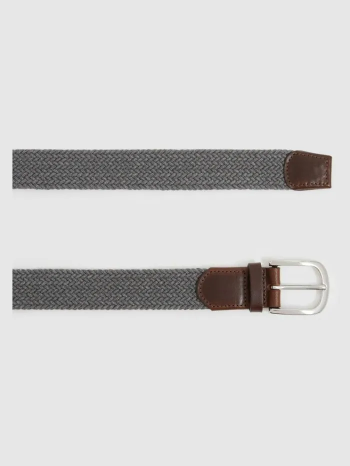 REISS Belts Men Leather Tipped Woven Belt Grey Melange