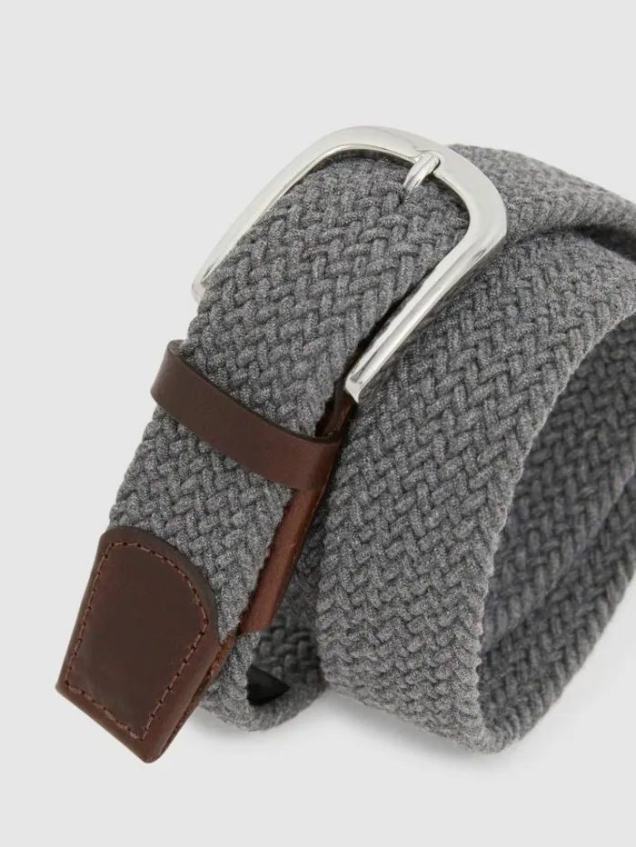 REISS Belts Men Leather Tipped Woven Belt Grey Melange